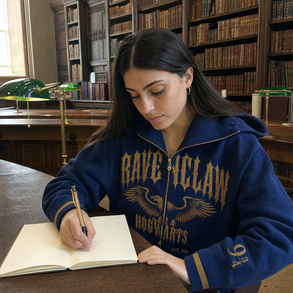 Ravenclaw House Hoodie worn in the library