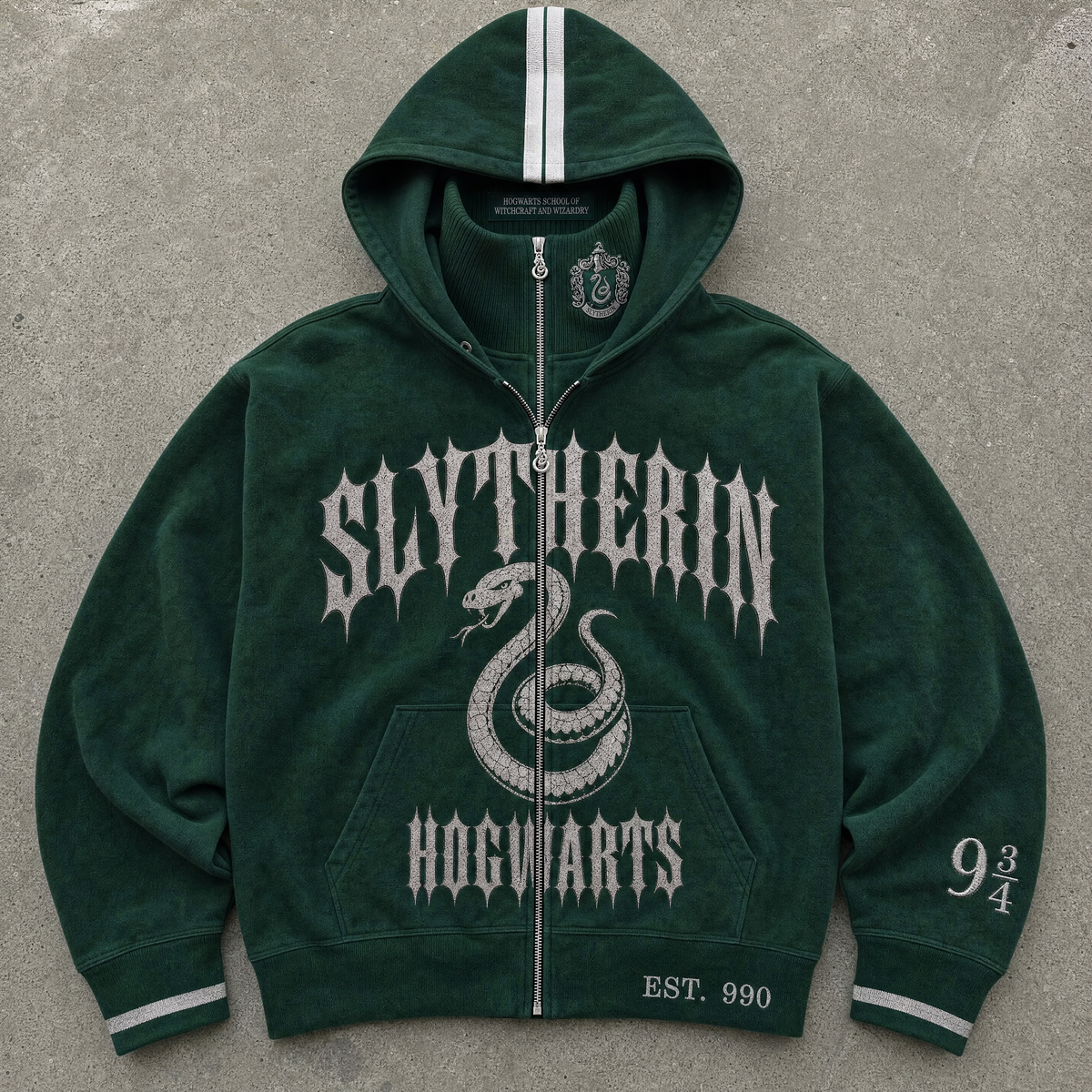 Slytherin House Hoodie, emerald washed fleece, flat lay