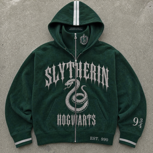 Slytherin House Hoodie, emerald washed fleece, flat lay