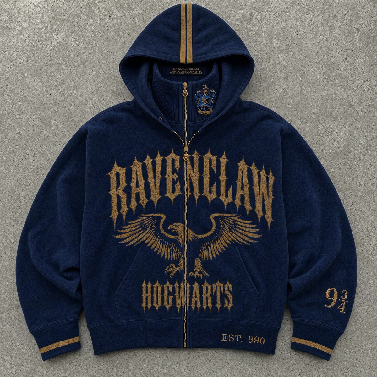 Ravenclaw House Hoodie, navy washed fleece, flat lay