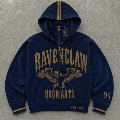 Ravenclaw House Hoodie, navy washed fleece, flat lay