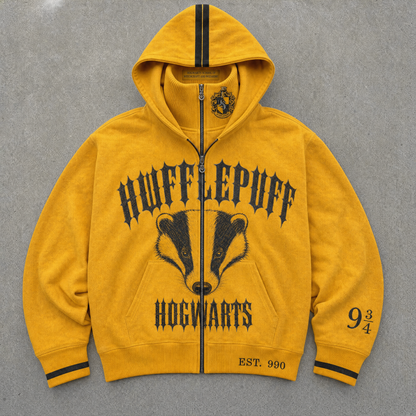Hufflepuff House Hoodie, mustard washed fleece, flat lay
