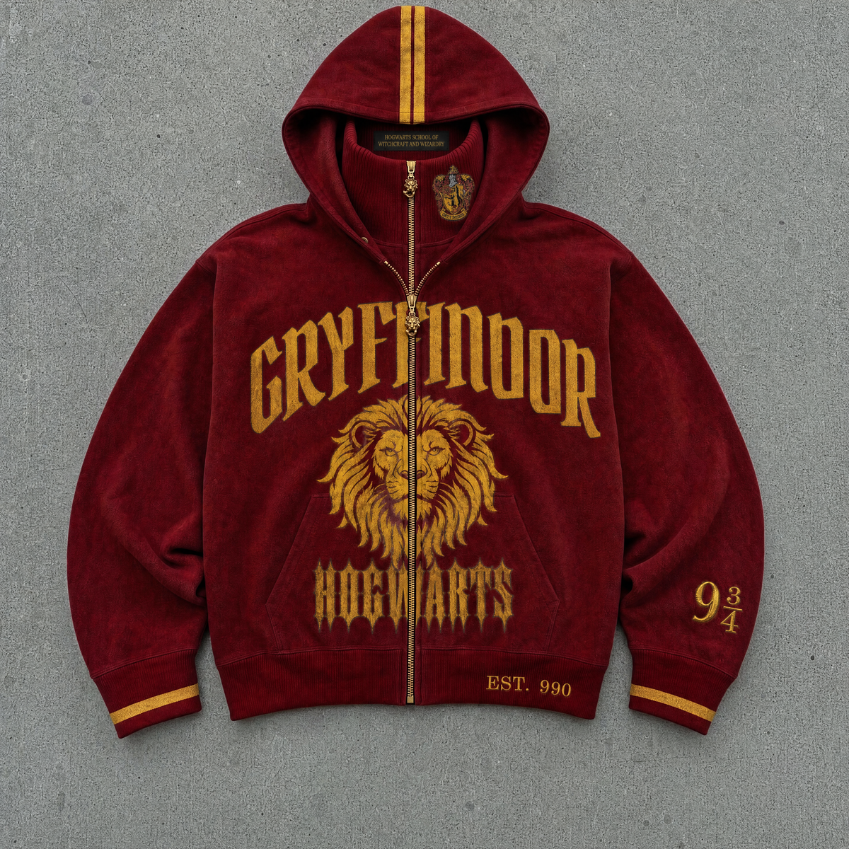 Gryffindor House Hoodie, scarlet washed fleece, flat lay