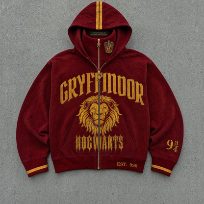 Gryffindor House Hoodie, scarlet washed fleece, flat lay