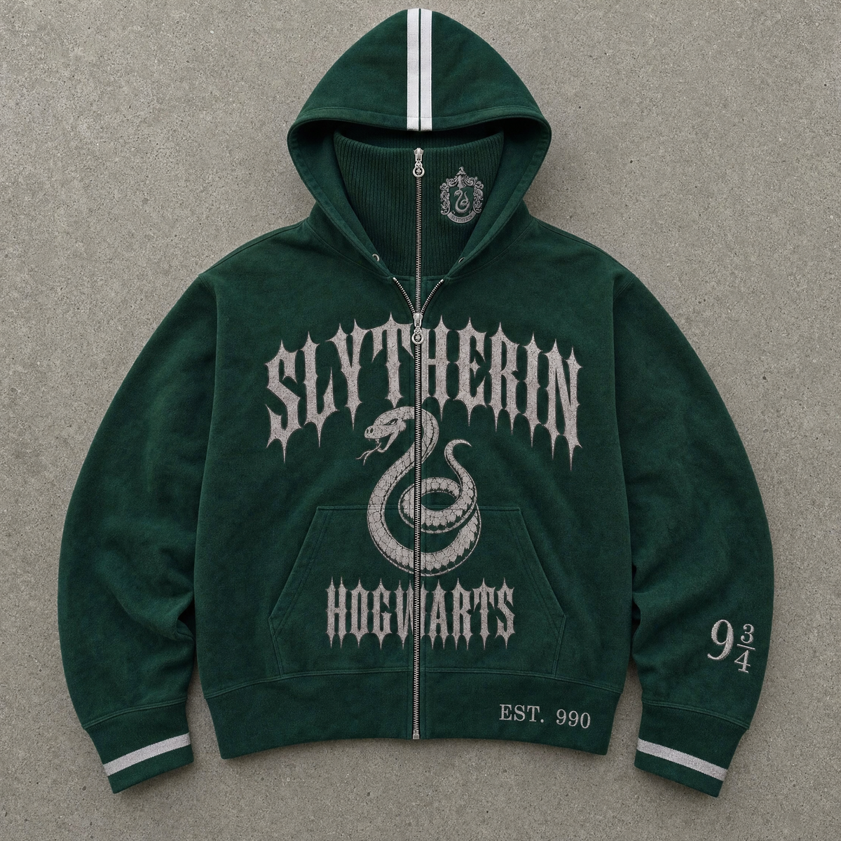 Slytherin House Hoodie with the balaclava zipped