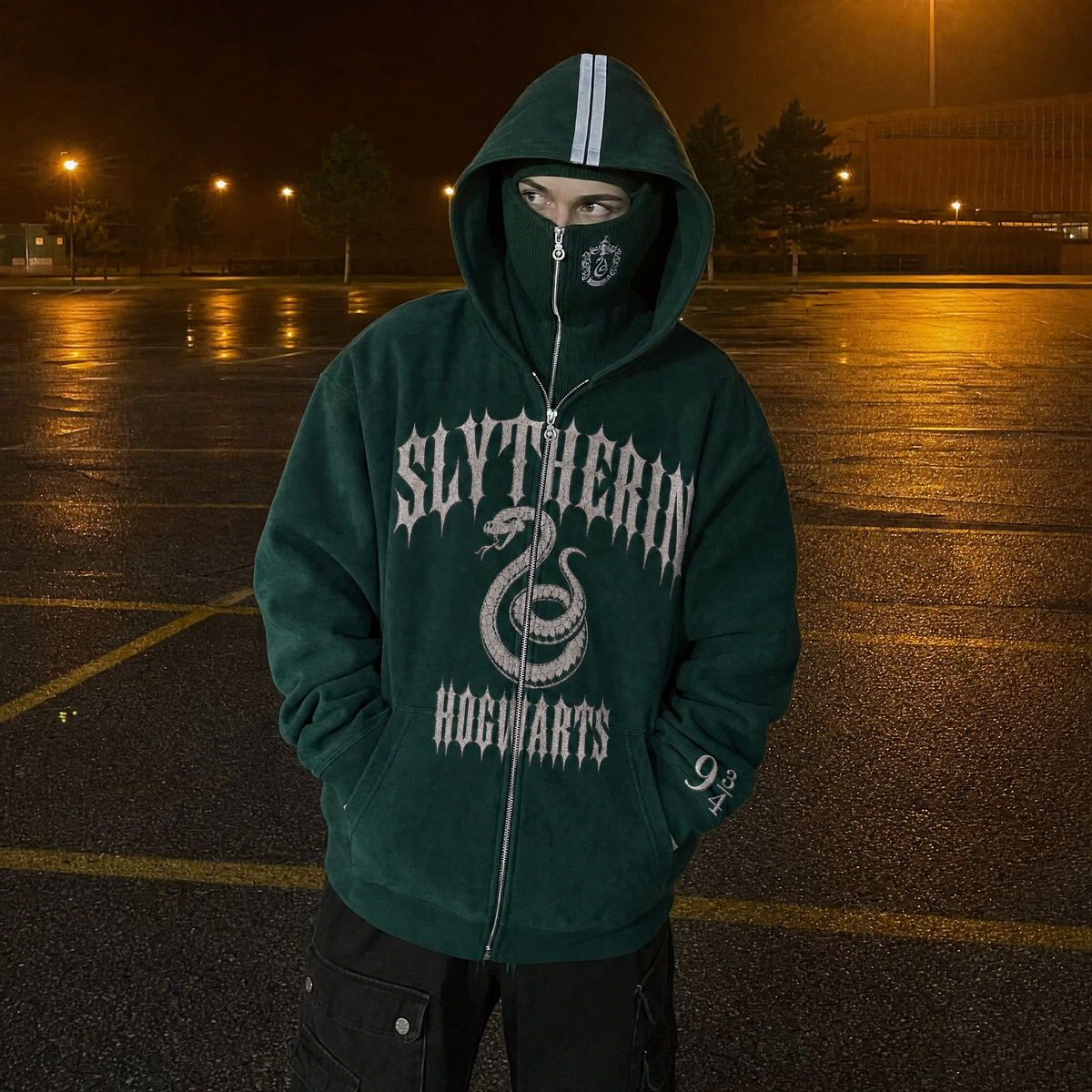 Slytherin House Hoodie worn with the balaclava zipped