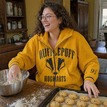 Hufflepuff House Hoodie worn open like a normal hoodie