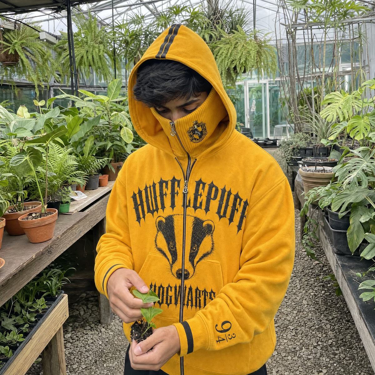 Hufflepuff House Hoodie worn with the balaclava zipped