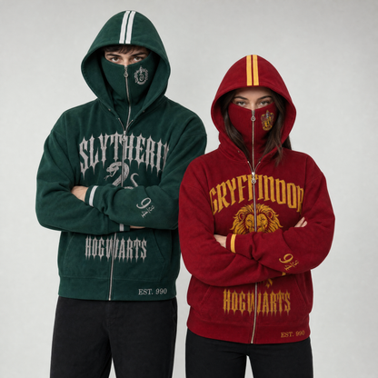 Slytherin and Gryffindor House Hoodies worn with balaclavas zipped