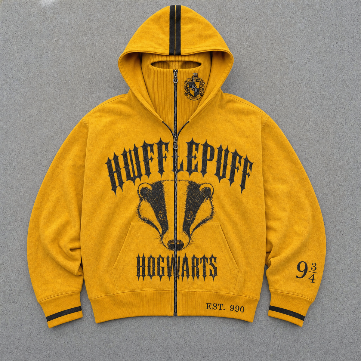 Hufflepuff House Hoodie with the balaclava zipped