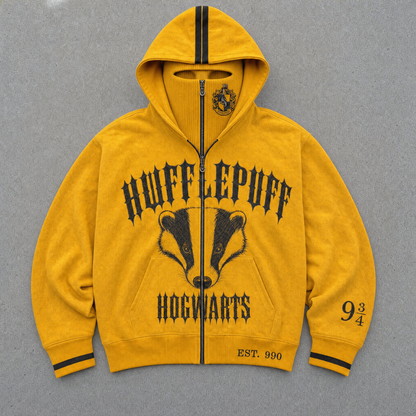 Hufflepuff House Hoodie with the balaclava zipped