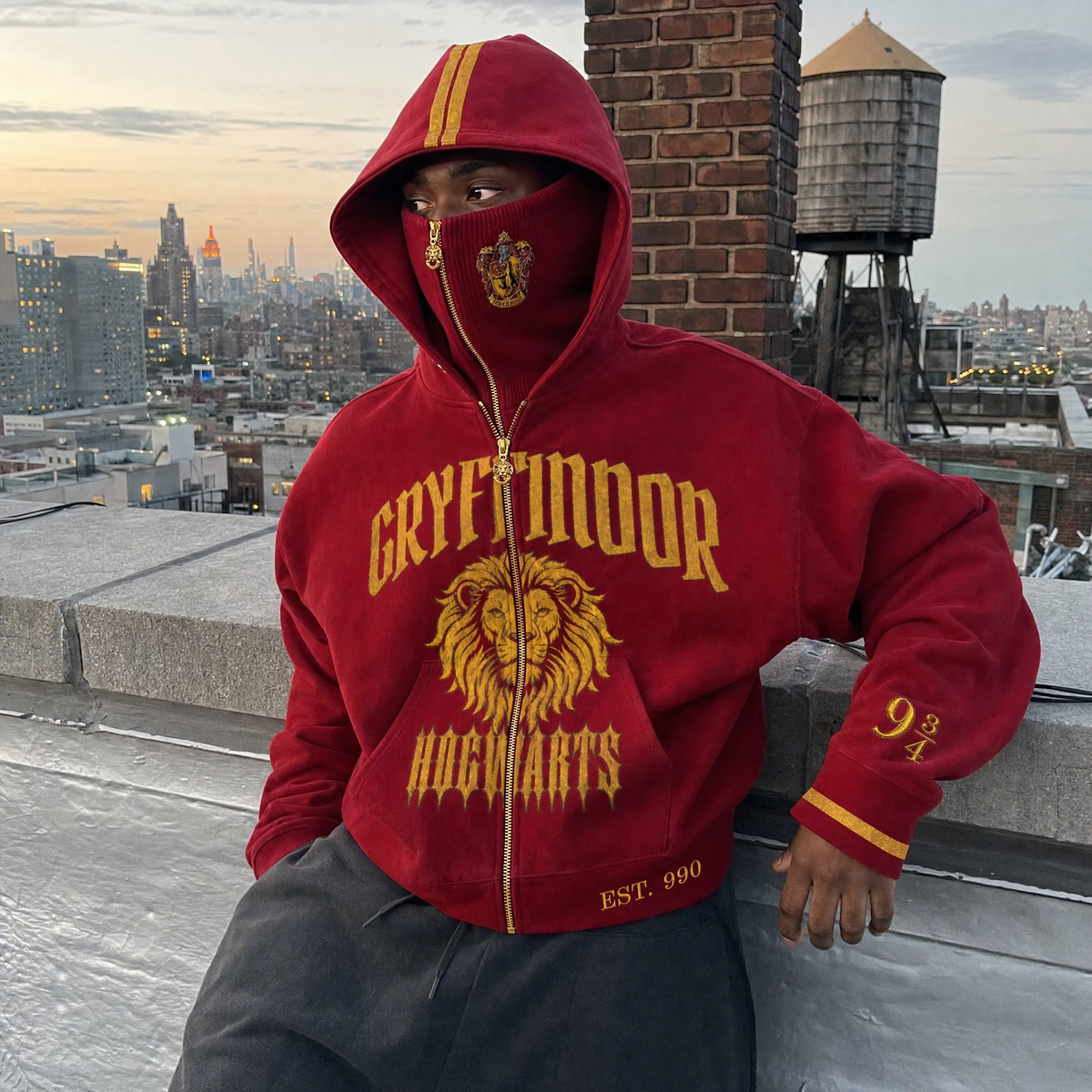 Gryffindor House Hoodie worn with the balaclava zipped