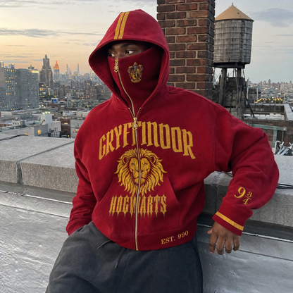 Gryffindor House Hoodie worn with the balaclava zipped