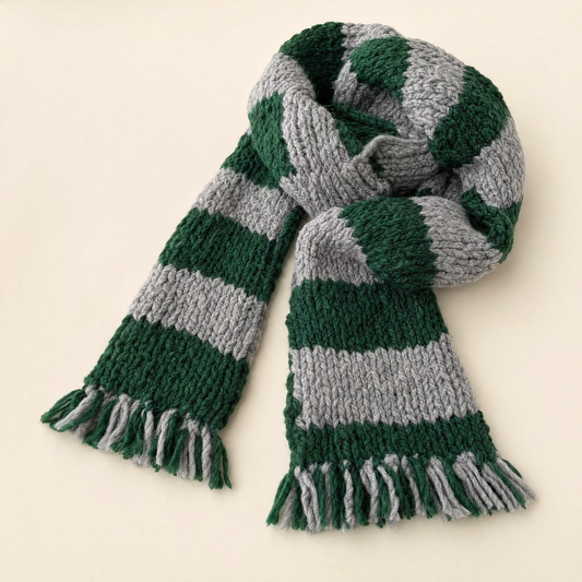 Emerald and silver striped knit scarf