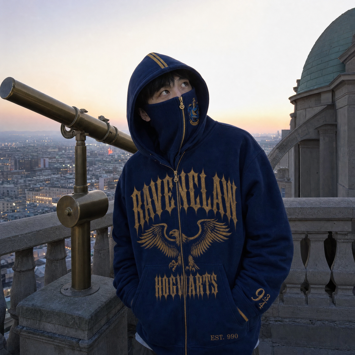 Ravenclaw House Hoodie worn zipped with balaclava