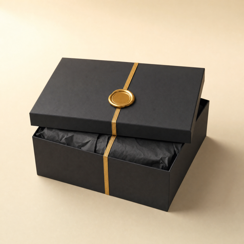Black gift box with gold seal